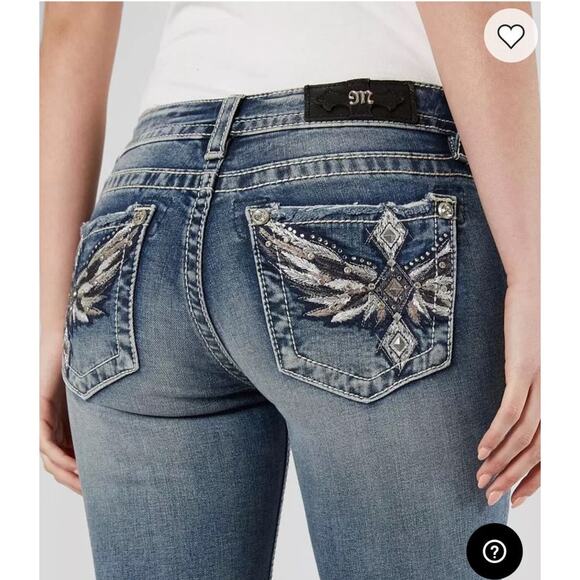 Miss Me Bootcut Jeans Crystal Embellished Back Pocket Blue Wash Denim MidRise 28 - Picture 1 of 16